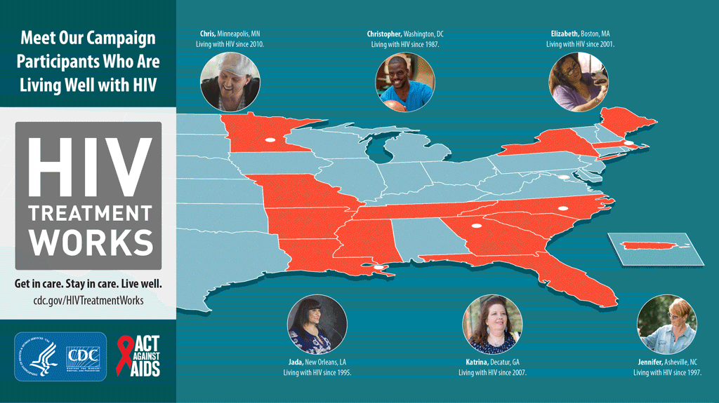 HIV Treatment Works. Meet our campaign participants who are living well with HIV. Map showing campaign participant profiles around the U.S.