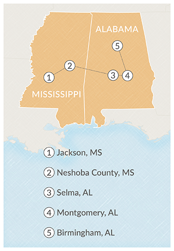 Map of Civil Rights Learning Journey stops